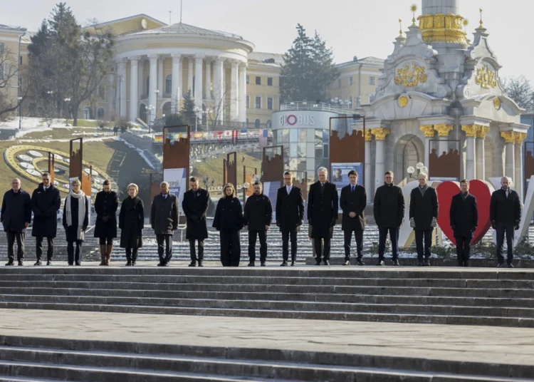 Support For Ukraine Reemphasized On War’s Third Anniversary 1 World leaders, including Danish prime minister Mette Frederiksen, European Commission president Ursula von der Leyen, European Council president Antonio Costa, Latvian president Edgars Rinkevics, Ukraine's first lady Olena Zelenska, Ukrainian president Volodymyr Zelensky, Finnish president Alexander Stubb, Lithuanian president Gitanas Nauseda and Canadian prime minister Justin Trudeau, mark the third anniversary of Russia's invasion of Ukraine in Kyiv.