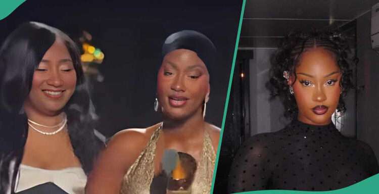 Singer Tems Wins Second Grammy Award 1 Tems with Her mother on Grammys stage