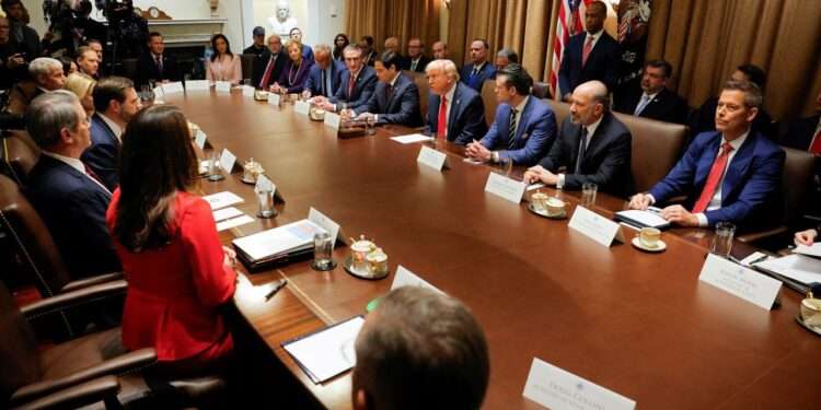 Trump Holds First Cabinet Meeting Of Second Term 1 President Donald Trump hosts his first cabinet meeting with Elon Musk in attendance in Washington, DC, on February 26, 2025.