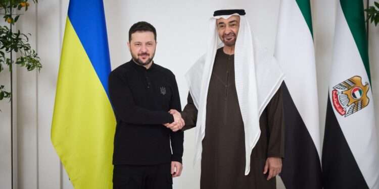 UAE, Ukraine Sign Trade Deal 1 President of Ukraine, Volodymyr Zelenskyy shakes hands with President of the UAE Mohamed bin Zayed Al Nahyan in Abu Dhabi as UAE, Ukraine sign trade deal