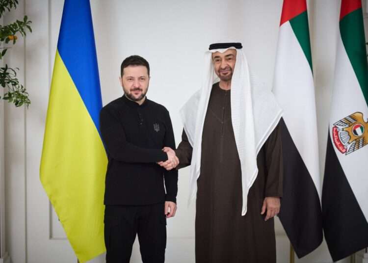 UAE, Ukraine Sign Trade Deal 1 President of Ukraine, Volodymyr Zelenskyy shakes hands with President of the UAE Mohamed bin Zayed Al Nahyan in Abu Dhabi as UAE, Ukraine sign trade deal