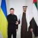 President of Ukraine, Volodymyr Zelenskyy shakes hands with President of the UAE Mohamed bin Zayed Al Nahyan in Abu Dhabi as UAE, Ukraine sign trade deal