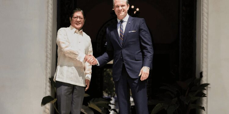 Hegseth Affirms US Commitment To Ties With The Philippines 1 US Defence Secretary, Pete Hegseth shakes hands with Philippine President, Ferdinand Marcos Jr.