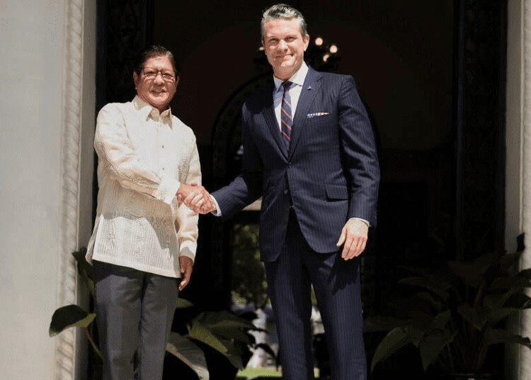 Hegseth Affirms US Commitment To Ties With The Philippines 1 US Defence Secretary, Pete Hegseth shakes hands with Philippine President, Ferdinand Marcos Jr.
