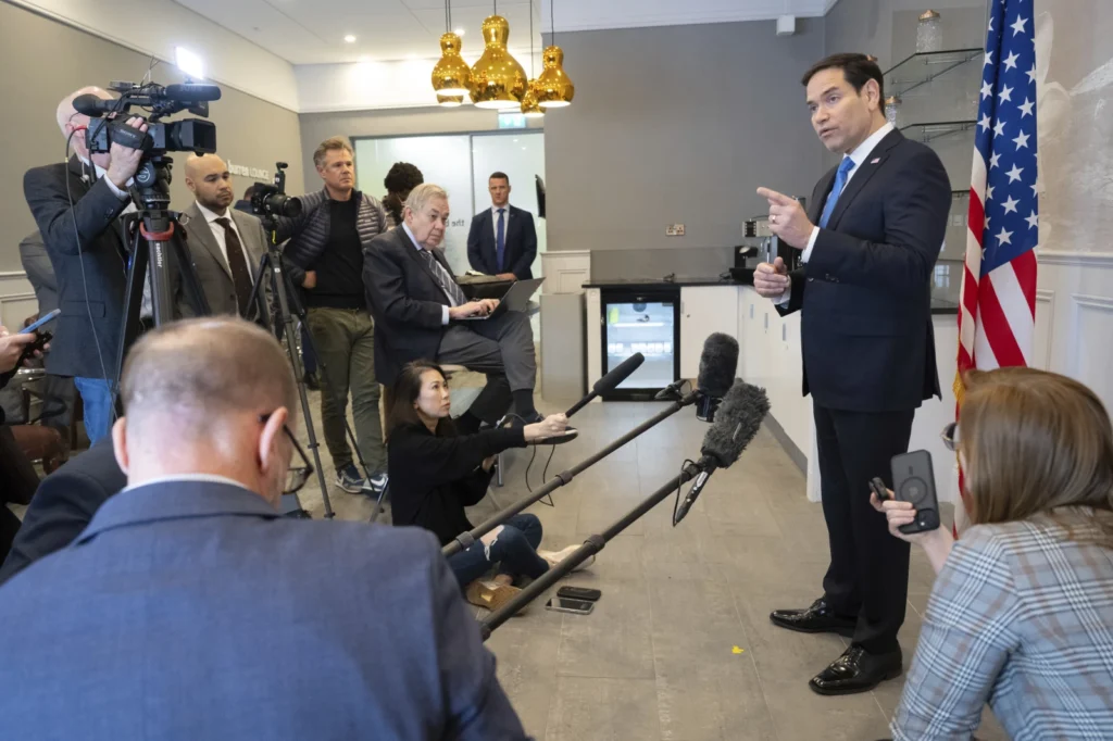 US Secretary of State Marco Rubio speaks to the media during a refueling stop at Shannon Airport in Shannon Ireland