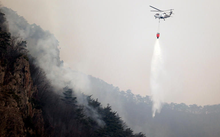 A helicopter tries to extinguish a wildfire by dropping water at a national park in Cheongsong, South Korea, on 27 March 2025 as South Korea Ravaged By Largest Wildfires On Record