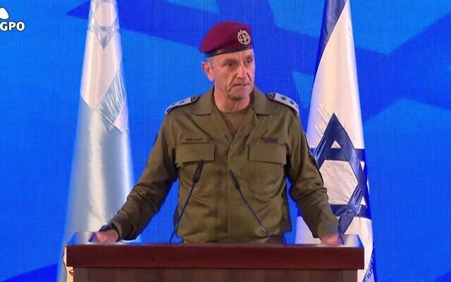 Outgoing IDF chief Herzi Halevi speaks at the ceremony appointing Eyal Zamir as next IDF chief of staff at the IDF headquarters in Tel Aviv. March 5, 2025. 