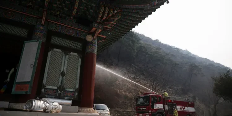 South Korea Ravaged By Largest Wildfires On Record 1 Firefighters work at the Gounsa temple, devastated by a wildfire, in Uiseong county on March 27, 2025 as South Korea Ravaged By Largest Wildfires On Record