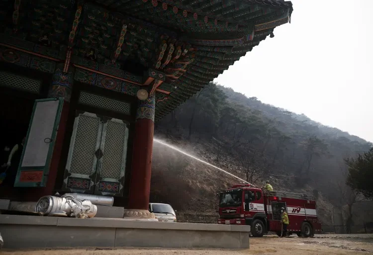 Firefighters work at the Gounsa temple, devastated by a wildfire, in Uiseong county on March 27, 2025 as South Korea Ravaged By Largest Wildfires On Record