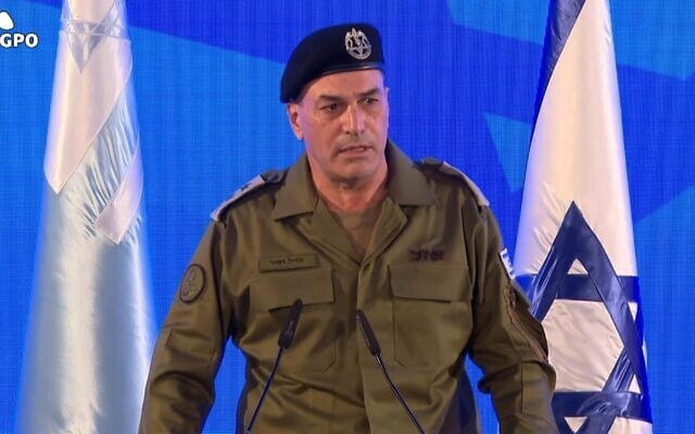 Incoming IDF chief Eyal Zamir speaks at the inauguration ceremony at the IDF headquarters in Tel Aviv. March 5, 2025. 