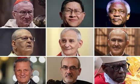Potential candidates to succeed Pope Francis; Top, L-R: Pietro Parolin, Luis Antonio Tagle, Peter Turkson. Middle, L-R: Péter Erdő, Matteo Zuppi, José Tolentino Calaca de Mendonca. Bottom, L-R: Mario Grech, Pierbattista Pizzaballa, Robert Sarah.