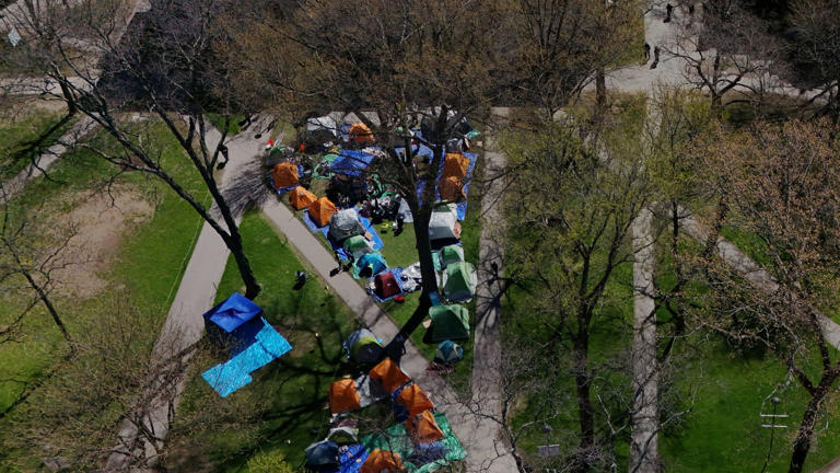 A small encampment in support of Palestinians at the Harvard campus in April 2024 as Havard Sues Trump administration.