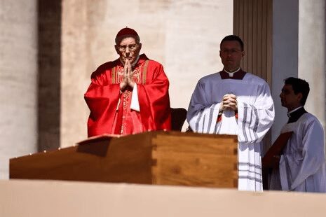 Cardinal Giovanni Battista Re leads the funeral mass of Pope Francis in St Peter’s Square at the Vatican.