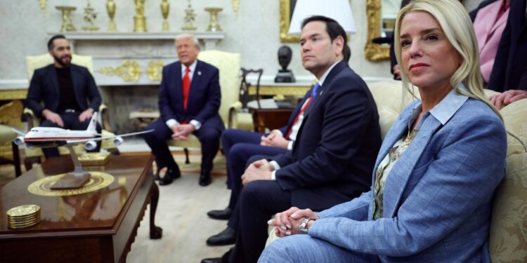 Pam Bondi Removed As US Attorney General 1 Pam Bondi, US Attorney General, and Secretary of State Marco Rubio sit nearby as President Donald Trump meets with President Nayib Bukele of El Salvador in the Oval Office of the White House April 14 in Washington, DC.