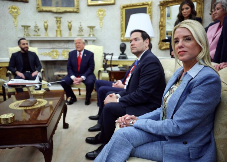 Pam Bondi, US Attorney General, and Secretary of State Marco Rubio sit nearby as President Donald Trump meets with President Nayib Bukele of El Salvador in the Oval Office of the White House April 14 in Washington, DC.