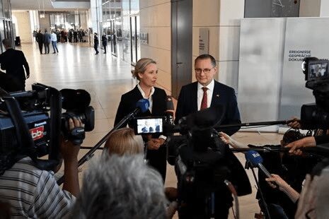 Merz Fails To Secure Majority To Be Elected Chancellor 5 The co-leaders of the far-right Alternative for Germany (AfD) party Alice Weidel and Tino Chrupalla address journalists.