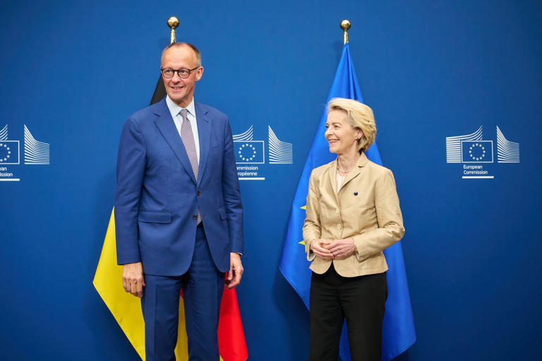 Merz Declares Germany’s Continued Support For Ukraine 3 European Commission President Ursula von der Leyen (R) welcomes German Chancellor Friedrich Merz (L) at the European Council headquarters ahead of their meeting in Brussels.