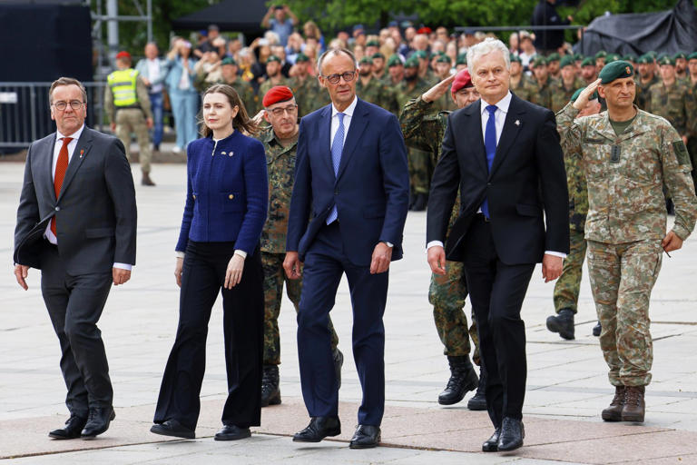 German Brigade Inaugurated In Lithuania 4 Lithuania's President Gitanas Nauseda, German Chancellor Friedrich Merz, Lithuania's defense minister Docile Sakaliene and German Defense Minister Boris Pistorius, from right, participate a formal inauguration of a German brigade for NATO's eastern flank in Vilnius, Lithuania, Thursday, May 22, 2025.