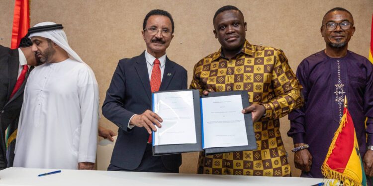 Ghana, UAE Forge Partnership to Drive Digital Transformation, Job Creation 1 Ghana’s Minister for Communication, Digital Technology, and Innovations, Hon. Samuel Nartey George and H.E. Sultan Ahmed Bin Sulayem, Group Chairman and CEO of DP World and Chairman of PCFC signing the MOU