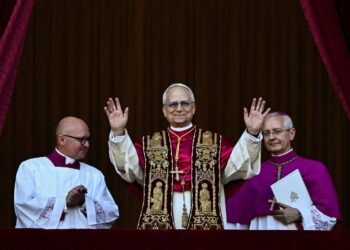 Newly elected Pope Leo XIV appears on the balcony of St. Peter's Basilica.