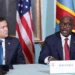 Rwandan Foreign Minister Olivier Nduhungirehe, right, speaks next to US Secretary of State Marco Rubio at the State Department in Washington, DC
