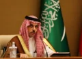 Saudi Foreign Minister Prince Faisal bin Farhan Al Saud speaks during a press conference in Riyadh, Saudi Arabia, May 14, 2025 as Saudi Hails Trump’s Decision To Lift Sanctions On Syria