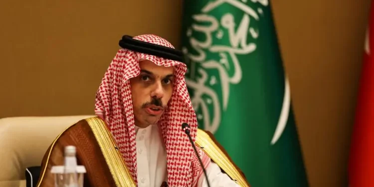 Saudi Foreign Minister Prince Faisal bin Farhan Al Saud speaks during a press conference in Riyadh, Saudi Arabia, May 14, 2025 as Saudi Hails Trump’s Decision To Lift Sanctions On Syria