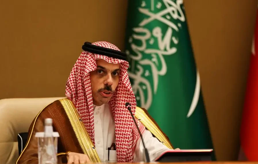 Saudi Foreign Minister Prince Faisal bin Farhan Al Saud speaks during a press conference in Riyadh, Saudi Arabia, May 14, 2025 as Saudi Hails Trump’s Decision To Lift Sanctions On Syria