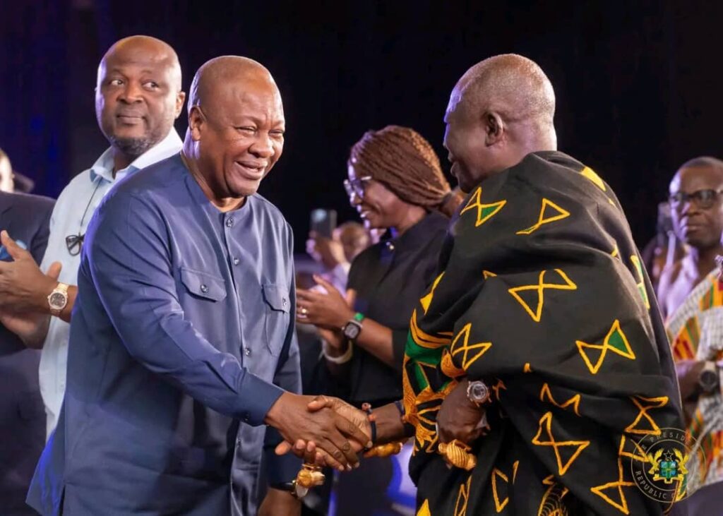 President Mahama Charts Transformative Vision for Ghana’s Mining Future 5 Otumfuo Osei Tutu II Asantehene Shake hands with President John Mahama