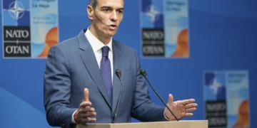 Spain’s Prime Minister Pedro Sanchez speaks during a press conference after the plenary session at the NATO summit in The Hague, Netherlands, Wednesday, June 25, 2025.