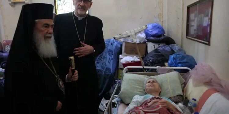 Pierbattista Pizzaballa and Greek Orthodox Patriarch of Jerusalem, Theophilos III, visit the Church of the Holy Family, which was hit in an Israeli attack on Thursday.