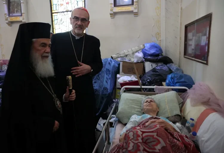 Christian Patriarchs Visit Shelled Catholic Church In Gaza 1 Pierbattista Pizzaballa and Greek Orthodox Patriarch of Jerusalem, Theophilos III, visit the Church of the Holy Family, which was hit in an Israeli attack on Thursday.