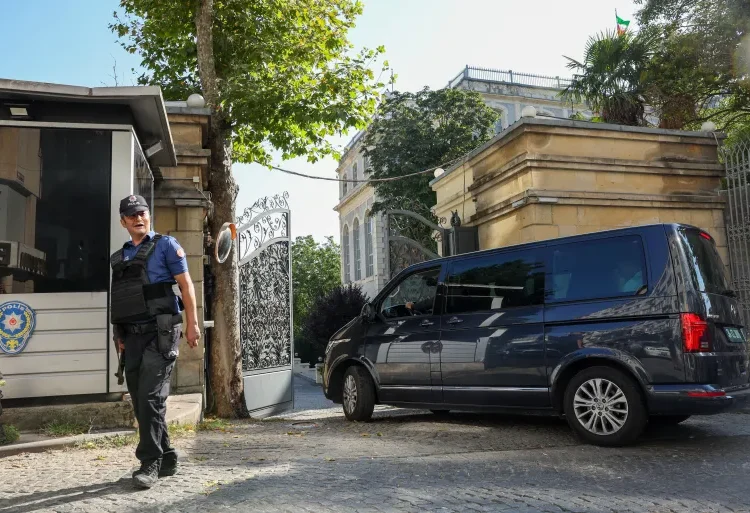 Iran Meets E3 Nations 1 A Turkish policeman stands guard as a vehicle enters the Iranian consulate, where Iran is holding nuclear talks with the so-called E3 group of France, UK and Germany, in Istanbul, Turkiye, July 25, 2025.