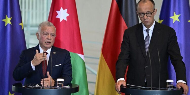 King Abdullah II Discusses Gaza Crisis With German Chancellor 1 German Chancellor Friedrich Merz (R) and Jordan's King Abdullah II address a press conference at the Chancellery in Berlin on July 29, 2025.
