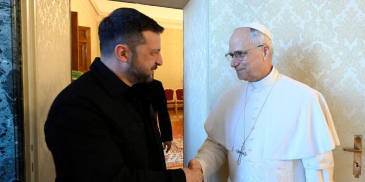 Pope Leo XIV Meets Zelenskyy 1 Pope Leo XIV and President of Ukraine Volodymyr Zelenskyy shake hands during a meeting on July 9, 2025.