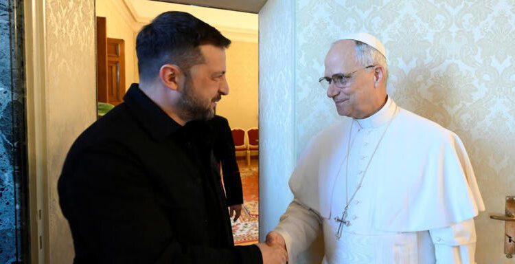 Pope Leo XIV Meets Zelenskyy 1 Pope Leo XIV and President of Ukraine Volodymyr Zelenskyy shake hands during a meeting on July 9, 2025.