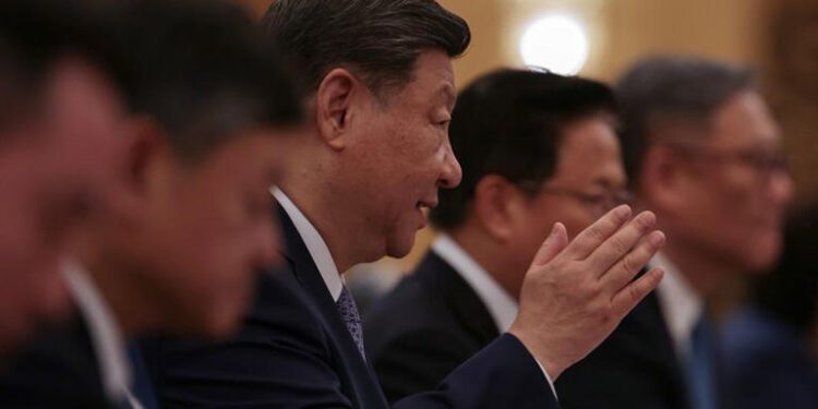 Chinese President Xi Jinping gestures during the opening remarks of the 25th European Union - China Summit at the Great Hall of the People in Beijing, China, July 24, 2025.
