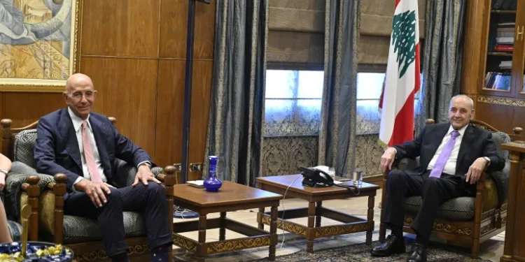 US Special Envoy Tom Barrack (L), meets with Lebanese Parliament Speaker Nabih Berri (R) in Beirut, Lebanon, August 18, 2025.