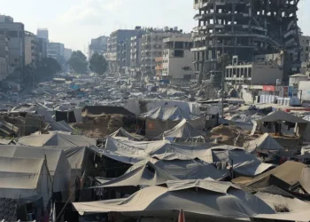 A makeshift encampment of tents has sprung up in Gaza City to shelter people displaced by the Israeli campaign.
