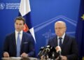 EU defence commissioner Andrius Kubilius (R) and Finnish Defence Minister Antti Haekkaenen addressed the media after a meeting on creating a anti-drone 'wall' to protect the EU's eastern states.