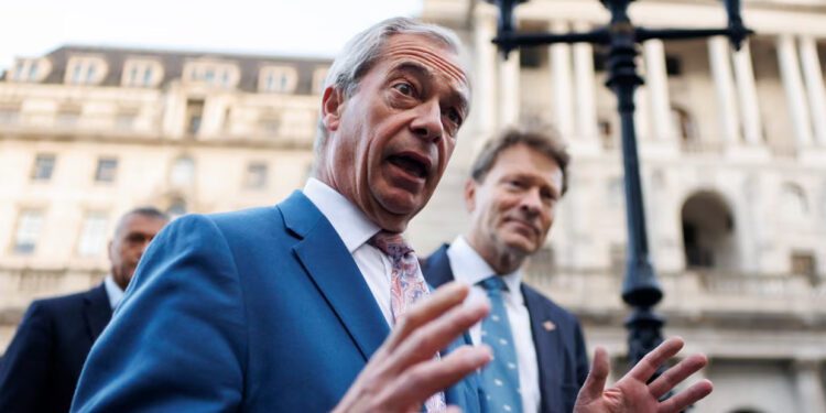 Farage Pressures Bank Of England Over Bonds 1 Nigel Farage and Reform UK MP Richard Tice outside the Bank of England.