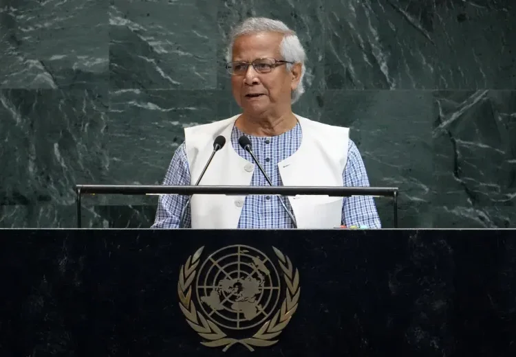 The chief adviser of Bangladesh’s interim government, Muhammad Yunus, addresses the United Nations General Assembly at UN headquarters in New York City on September 26, 2025.