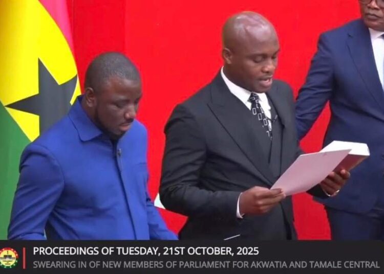 Speaker Bagbin Swears in Two Members of Parliament 1 Professor Alidu Mahama Seidu, MP for Tamale Central (To the left) and Hon. Bernard Bediako, MP for Akwatia (To the right)