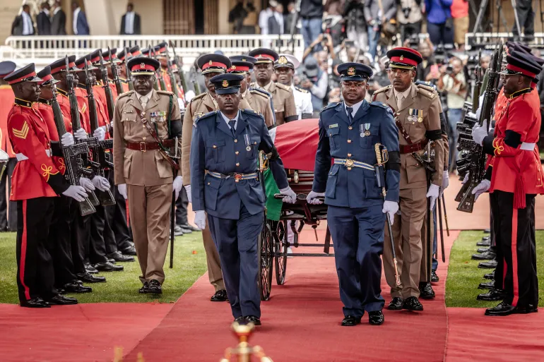 State Funeral Held For Kenya's Raila Odinga 3 Senior Kenya Army officials flank the coffin of Kenya's opposition leader and former Prime Minister Raila Odinga during his state funeral at Nyayo Stadium in Nairobi on October 17, 2025.