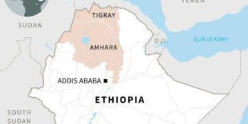 map of Ethiopia showing Tigray and Amhara regions