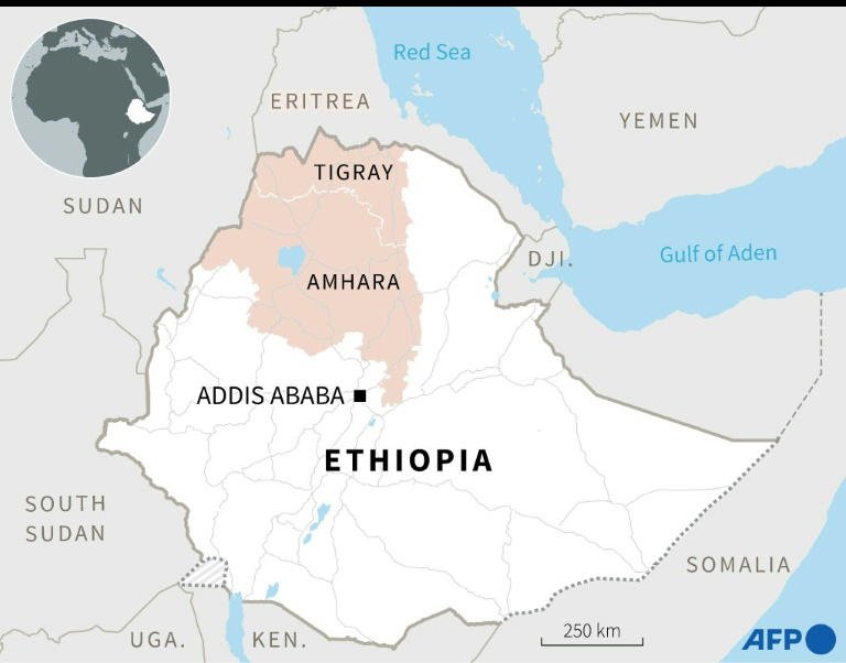 map of Ethiopia showing Tigray and Amhara regions