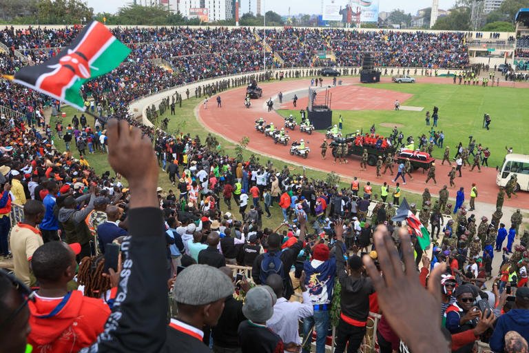 State Funeral Held For Kenya's Raila Odinga 2 Senior Kenya Army officials flank the coffin of Kenya's opposition leader and former Prime Minister Raila Odinga during his state funeral at Nyayo Stadium in Nairobi on October 17, 2025.