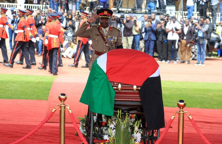 State Funeral Held For Kenya's Raila Odinga 4 Senior Kenya Army officials flank the coffin of Kenya's opposition leader and former Prime Minister Raila Odinga during his state funeral at Nyayo Stadium in Nairobi on October 17, 2025.