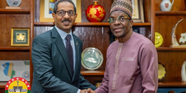 Rt. Hon. Alban Sumana Kingsford Bagbin, Speaker of Ghana’s Parliament (to the right) exchanging a handshake with His Excellency Gariballa Khidir Ali, Sudanese Ambassador to Ghana