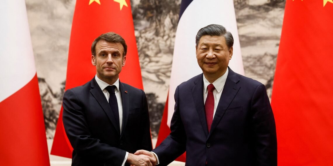 Chinese President Xi Jinping and French President Emmanuel Macron at the Great Hall of the People in Beijing